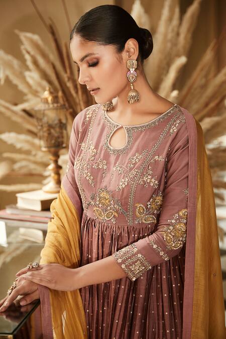 Shop_Matsya_Pink Chanderi Silk Embroidered Zardozi Round Tijara Anarkali Set _Online_at_Aza_Fashions