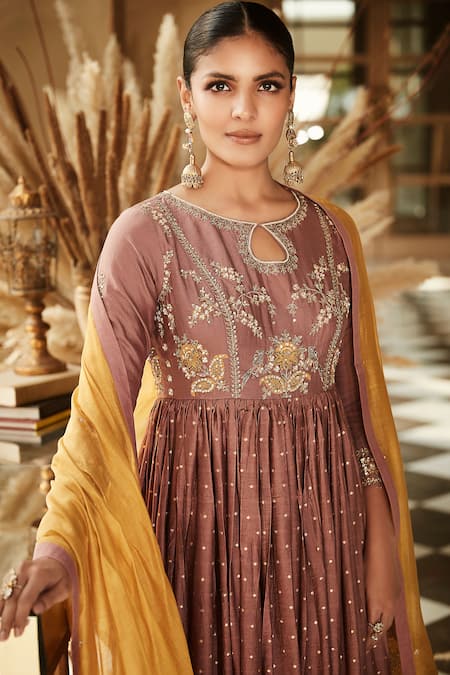 Matsya_Pink Chanderi Silk Embroidered Zardozi Round Tijara Anarkali Set _at_Aza_Fashions