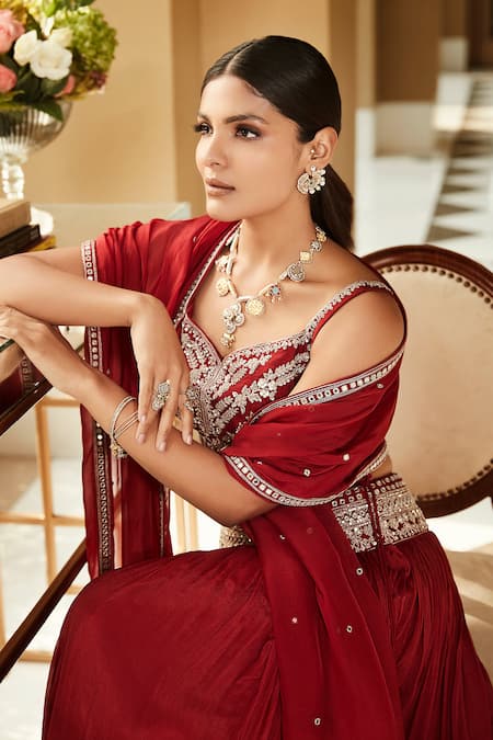 Matsya_Red Chanderi Silk Mirror Work Sweetheart Neck Shahi Chandan Rubani Lehenga Set_Online_at_Aza_Fashions