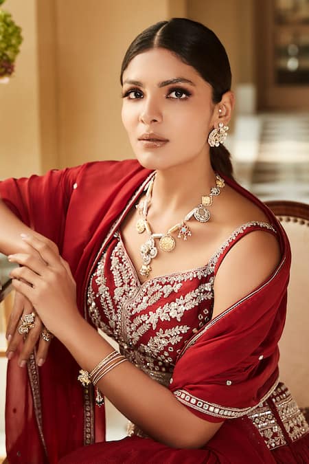 Buy_Matsya_Red Chanderi Silk Mirror Work Sweetheart Neck Shahi Chandan Rubani Lehenga Set_Online_at_Aza_Fashions