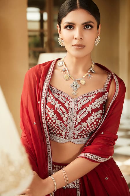 Shop_Matsya_Red Chanderi Silk Mirror Work Sweetheart Neck Shahi Chandan Rubani Lehenga Set_Online_at_Aza_Fashions