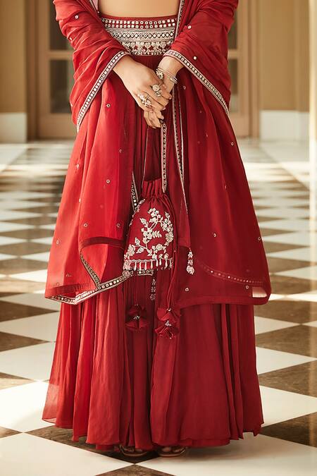 Matsya_Red Chanderi Silk Mirror Work Sweetheart Neck Shahi Chandan Rubani Lehenga Set_at_Aza_Fashions