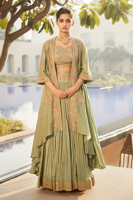 Devnaagri - Sage Green Lehenga with Layered Peplum