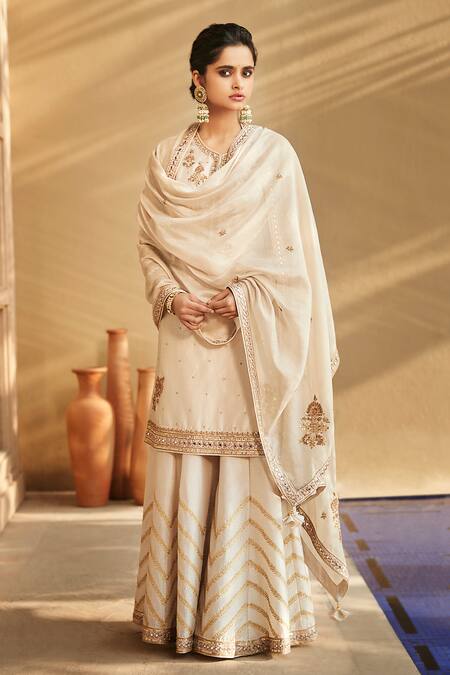 Matsya_White Chanderi Silk Embroidered Sequins Sucha Ekru Aurum Sharara Set _Online_at_Aza_Fashions