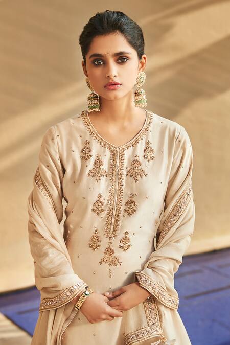 Buy_Matsya_White Chanderi Silk Embroidered Sequins Sucha Ekru Aurum Sharara Set _Online_at_Aza_Fashions