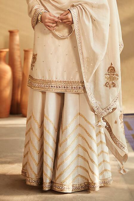 Shop_Matsya_White Chanderi Silk Embroidered Sequins Sucha Ekru Aurum Sharara Set _Online_at_Aza_Fashions