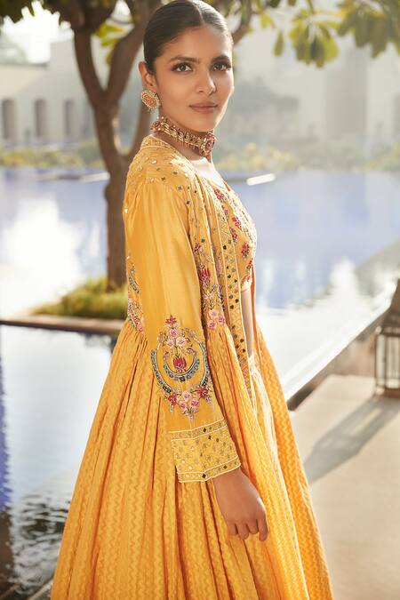 Matsya_Yellow Chanderi , Banarasi Resham Scoop Venetian Tripitaka Lehenga Set_Online_at_Aza_Fashions
