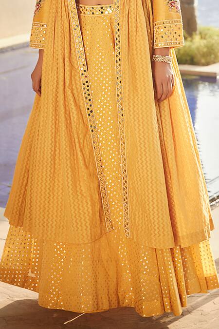 Shop_Matsya_Yellow Chanderi , Banarasi Resham Scoop Venetian Tripitaka Lehenga Set_Online_at_Aza_Fashions