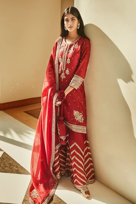 MATSYA Red Chanderi Silk Embroidered Sequins V Neck Aurum Sharara Set  