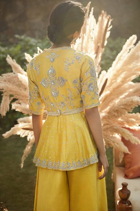 Shop Matsya Yellow Silk Zardozi Blouse Round Citrus Chandan Florentine Peplum Set at Aza Fashions Shop_Matsya_Yellow Silk Zardozi Blouse Round Citrus Chandan Florentine Peplum Set_at_Aza_Fashions