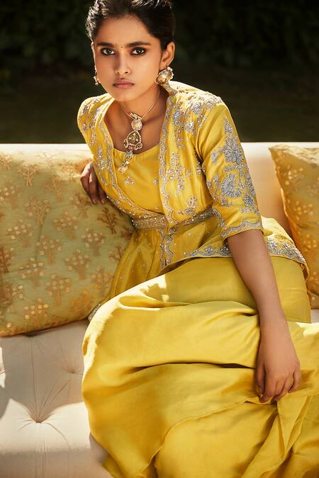 Matsya Yellow Silk Zardozi Blouse Round Citrus Chandan Florentine Peplum Set Online at Aza Fashions Matsya_Yellow Silk Zardozi Blouse Round Citrus Chandan Florentine Peplum Set_Online_at_Aza_Fashions