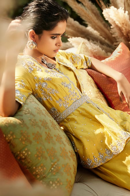 Shop Matsya Yellow Silk Zardozi Blouse Round Citrus Chandan Florentine Peplum Set Online at Aza Fashions Shop_Matsya_Yellow Silk Zardozi Blouse Round Citrus Chandan Florentine Peplum Set_Online_at_Aza_Fashions