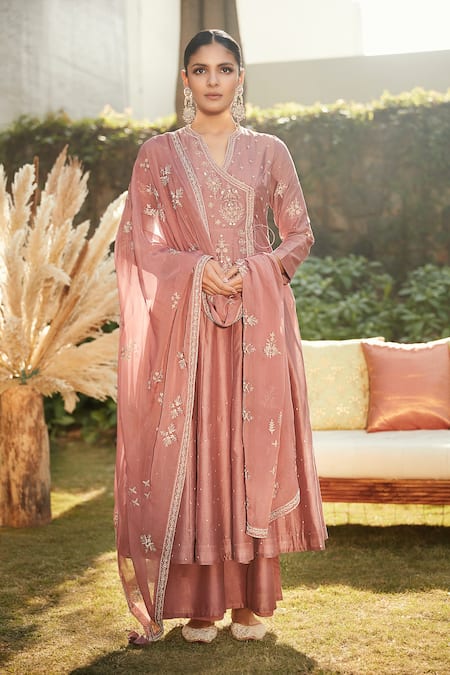 MATSYA Pink Kurta And Pant Chanderi Silk Angarkha Alwari Kalidar Set  