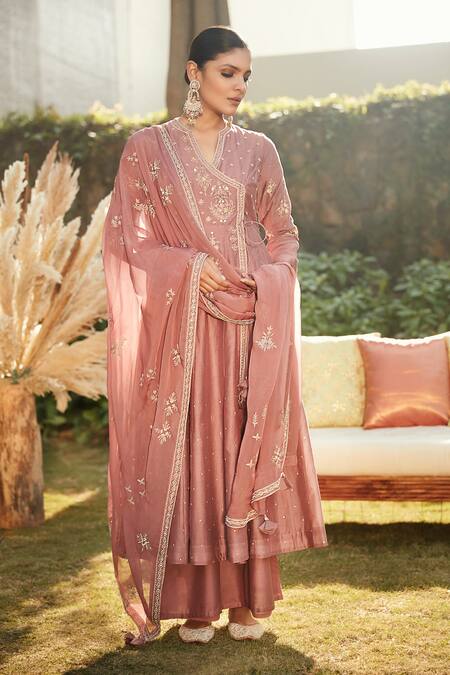 Shop_Matsya_Pink Dupatta Organza, Kurta And Pant Chanderi Silk Angarkha Alwari Kalidar Set_at_Aza_Fashions