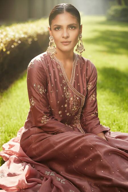 Matsya_Pink Dupatta Organza, Kurta And Pant Chanderi Silk Angarkha Alwari Kalidar Set_Online_at_Aza_Fashions