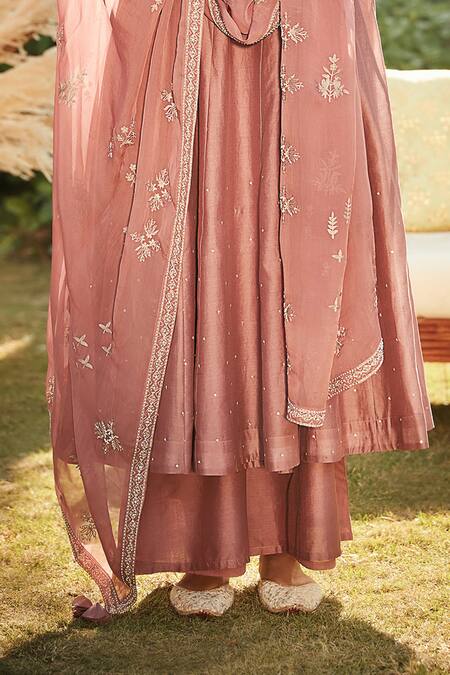 Shop_Matsya_Pink Dupatta Organza, Kurta And Pant Chanderi Silk Angarkha Alwari Kalidar Set_Online_at_Aza_Fashions
