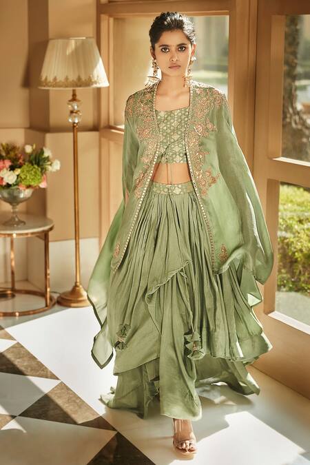 Matsya_Green Silk Resham Aari Blouse Scoop Aurora Dhoti Set With Cape_Online_at_Aza_Fashions
