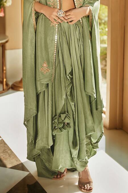 Shop_Matsya_Green Silk Resham Aari Blouse Scoop Aurora Dhoti Set With Cape_Online_at_Aza_Fashions