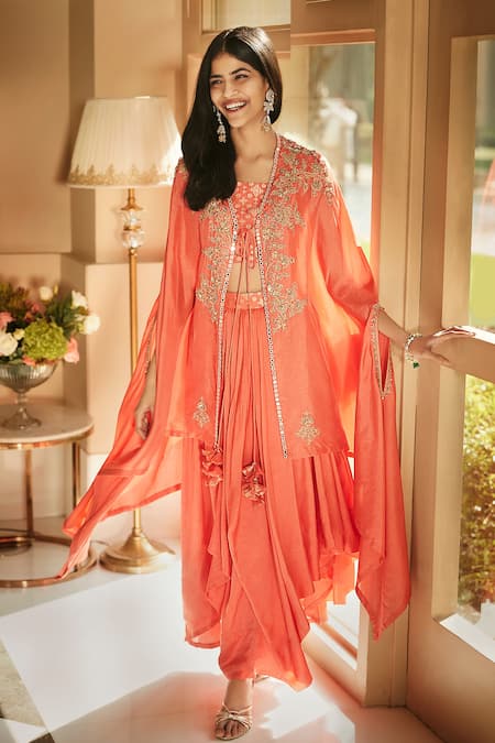 MATSYA Hibiscus Coral Aurora Dhoti Cape Set 