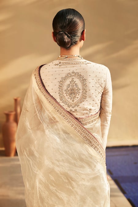 Shop_Matsya_White Saree Tissue Blouse Chanderi Silk Suchcha Ekru With  _at_Aza_Fashions