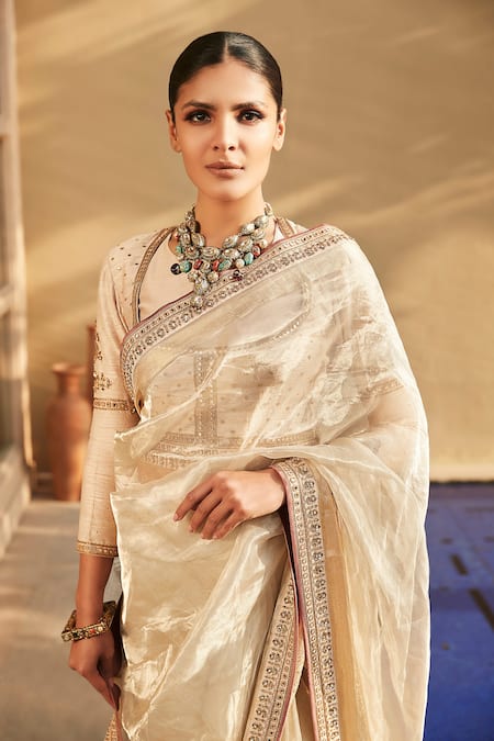 Matsya_White Saree Tissue Blouse Chanderi Silk Suchcha Ekru With  _Online_at_Aza_Fashions