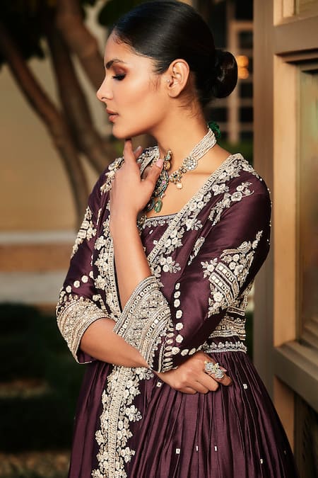 Buy_Matsya_Purple Chanderi Silk Resham, Sequins Blouse Scoop Mogra Jacket Lehenga Set_Online_at_Aza_Fashions
