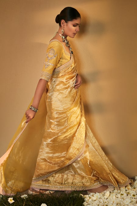 Shop_Matsya_Yellow Saree Tissue Blouse Chanderi Silk Zardozi Sunaina Wrinkled With _at_Aza_Fashions