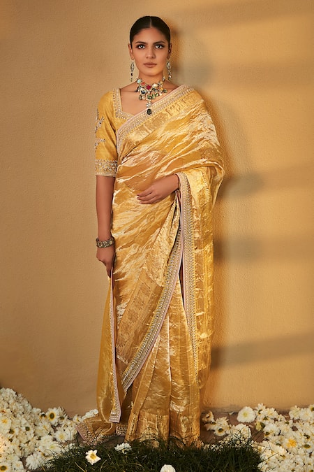Buy_Matsya_Yellow Saree Tissue Blouse Chanderi Silk Zardozi Sunaina Wrinkled With _Online_at_Aza_Fashions