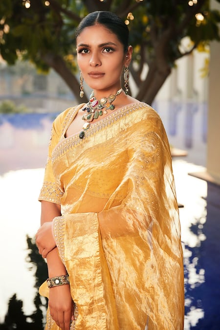 Shop_Matsya_Yellow Saree Tissue Blouse Chanderi Silk Zardozi Sunaina Wrinkled With _Online_at_Aza_Fashions