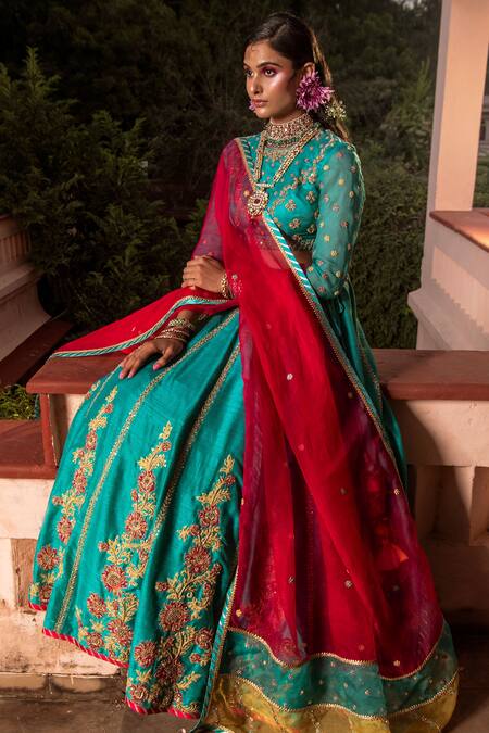 Buy_House of Dasmaya_Blue Raw , Organza, Lining Bridal Lehenga Set And Panelled Dupatta _Online_at_Aza_Fashions