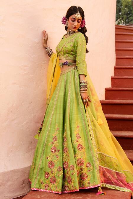 House of Dasmaya_Green Raw , Organza, Lining Shantoon Resham Zardozi Bridal Lehenga Set _Online_at_Aza_Fashions