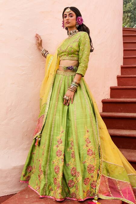 Buy_House of Dasmaya_Green Raw , Organza, Lining Shantoon Resham Zardozi Bridal Lehenga Set _Online_at_Aza_Fashions