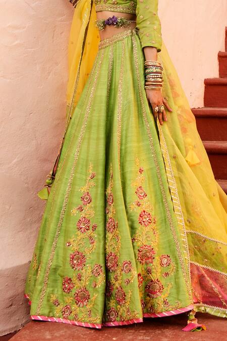 Shop_House of Dasmaya_Green Raw , Organza, Lining Shantoon Resham Zardozi Bridal Lehenga Set _Online_at_Aza_Fashions