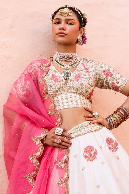 Buy_House of Dasmaya_White Raw , Organza, Lining Shantoon Embroidered Bridal Lehenga Set _Online_at_Aza_Fashions