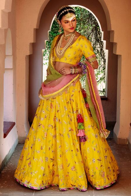House of Dasmaya_Yellow Organza, Lining Shantoon, Chanderi Resham Bridal Lehenga Set _Online_at_Aza_Fashions