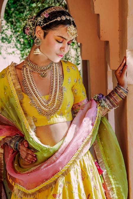 House of Dasmaya_Yellow Organza, Lining Shantoon, Chanderi Resham Bridal Lehenga Set _at_Aza_Fashions