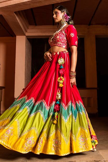 House of Dasmaya_Pink Organza, Lining Shantoon, Chanderi Color Block Lehenga Set _Online_at_Aza_Fashions