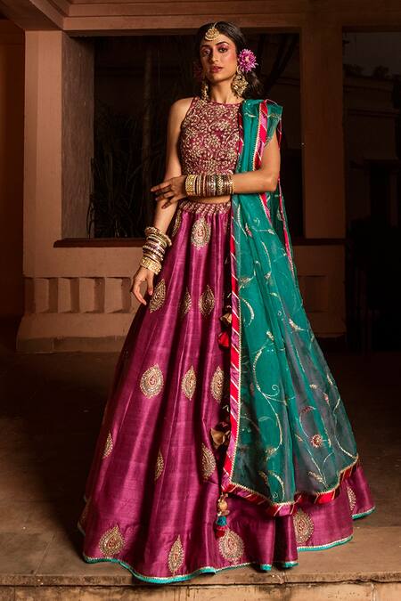 Buy_House of Dasmaya_Purple Raw , Organza, Lining Shantoon Embroidered Bridal Lehenga Set _Online_at_Aza_Fashions