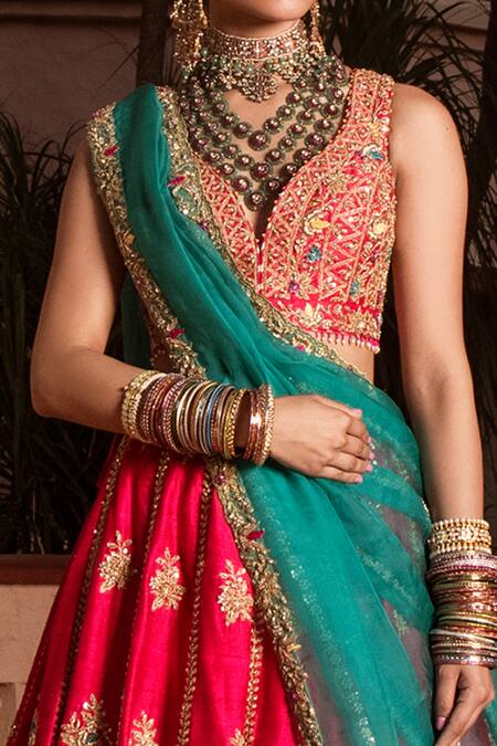 Shop_House of Dasmaya_Pink Raw , Organza, Lining Shantoon Resham, Zardozi Bridal Lehenga Set _Online_at_Aza_Fashions