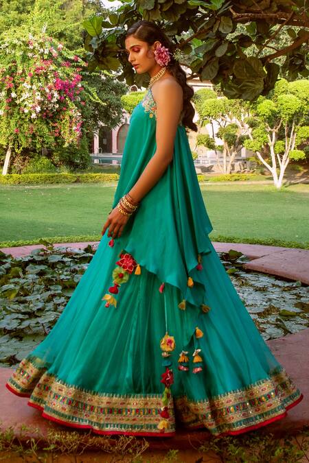 House of Dasmaya_Blue , Organza, Lining Shantoon Resham Asymmetric Kaftan And Lehenga Set _Online_at_Aza_Fashions