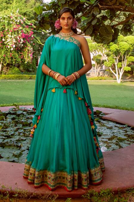 Buy_House of Dasmaya_Blue , Organza, Lining Shantoon Resham Asymmetric Kaftan And Lehenga Set _Online_at_Aza_Fashions