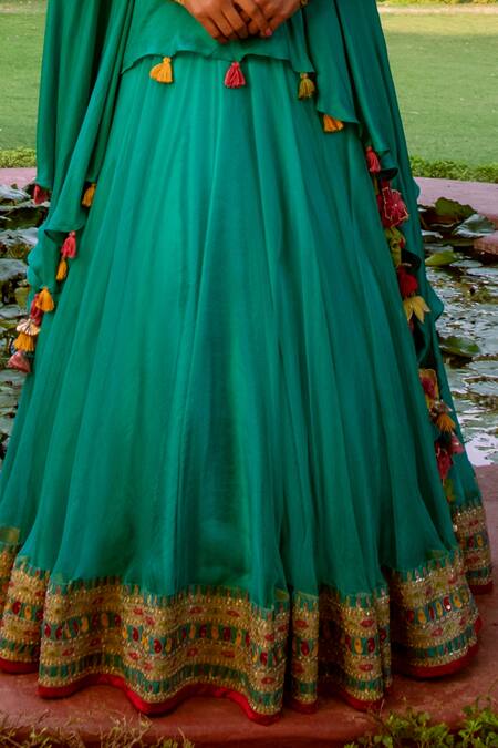 Shop_House of Dasmaya_Blue , Organza, Lining Shantoon Resham Asymmetric Kaftan And Lehenga Set _Online_at_Aza_Fashions