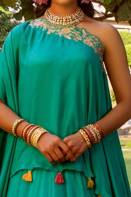 House of Dasmaya_Blue , Organza, Lining Shantoon Resham Asymmetric Kaftan And Lehenga Set _at_Aza_Fashions