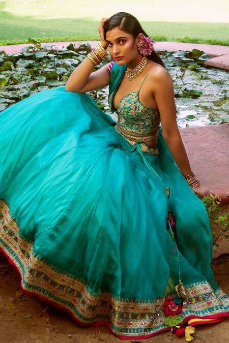 Buy House of Dasmaya Blue Raw , Organza, Lining Shantoon Embroidered Bridal Lehenga Set Online at Aza Fashions Buy_House of Dasmaya_Blue Raw , Organza, Lining Shantoon Embroidered Bridal Lehenga Set _Online_at_Aza_Fashions