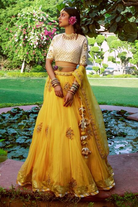 House of Dasmaya_Yellow Raw , Organza, Lining Floral Embroidered Bridal Lehenga Set _Online_at_Aza_Fashions
