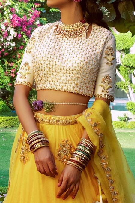 Shop_House of Dasmaya_Yellow Raw , Organza, Lining Floral Embroidered Bridal Lehenga Set _Online_at_Aza_Fashions