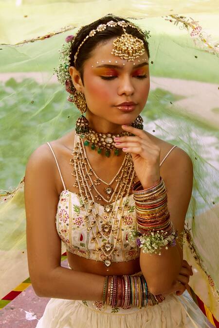 House of Dasmaya_White Organza, Lining Shantoon, Chanderi Crinkled Bridal Lehenga Set _at_Aza_Fashions