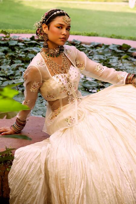 Buy_House of Dasmaya_White Organza, Lining Shantoon, Crinkled Lehenga Set With Peplum _Online_at_Aza_Fashions