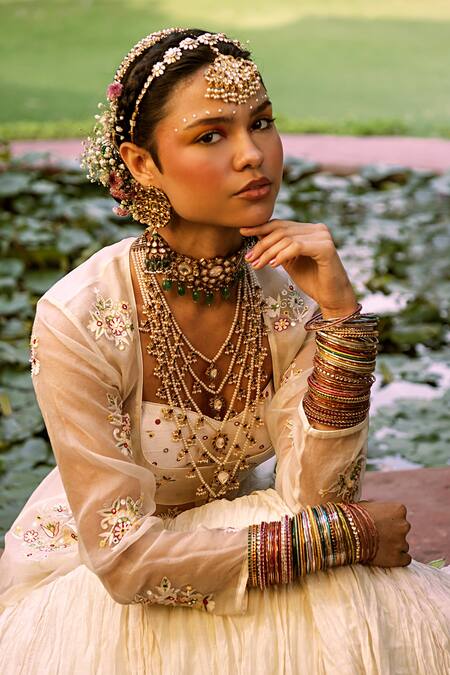 House of Dasmaya_White Organza, Lining Shantoon, Crinkled Lehenga Set With Peplum _at_Aza_Fashions