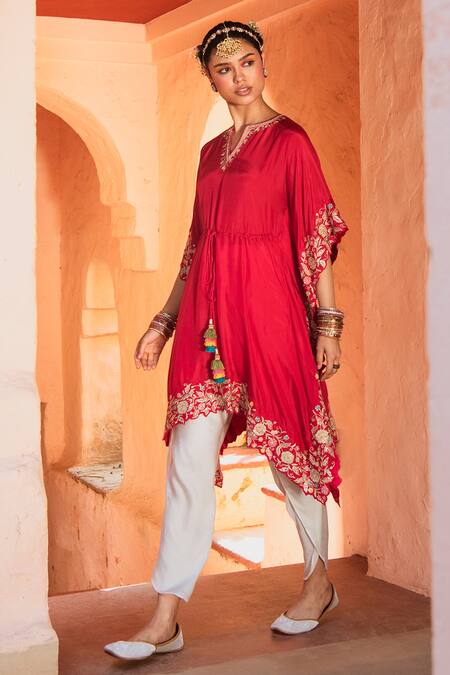 House of Dasmaya_Pink Silk Embroidered Resham Notched Kaftan And Tulip Pant Set _Online_at_Aza_Fashions